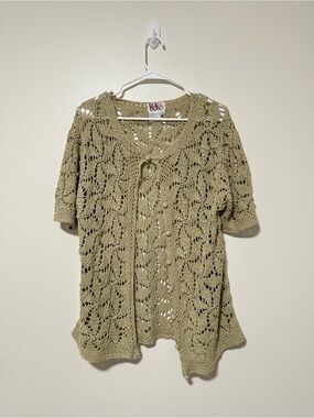 Vintage Y2K R&K Olive Crochet Short-Sleeve Openwork Cardigan